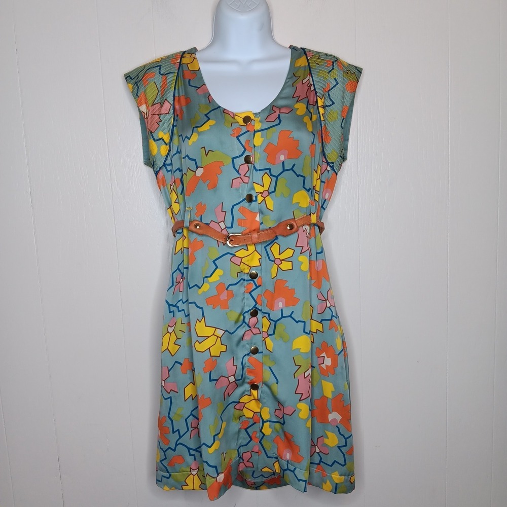 Lauren Moffatt Silk Dress Womens 2 Multicolor Geometric Floral Belted Cap Sleeve